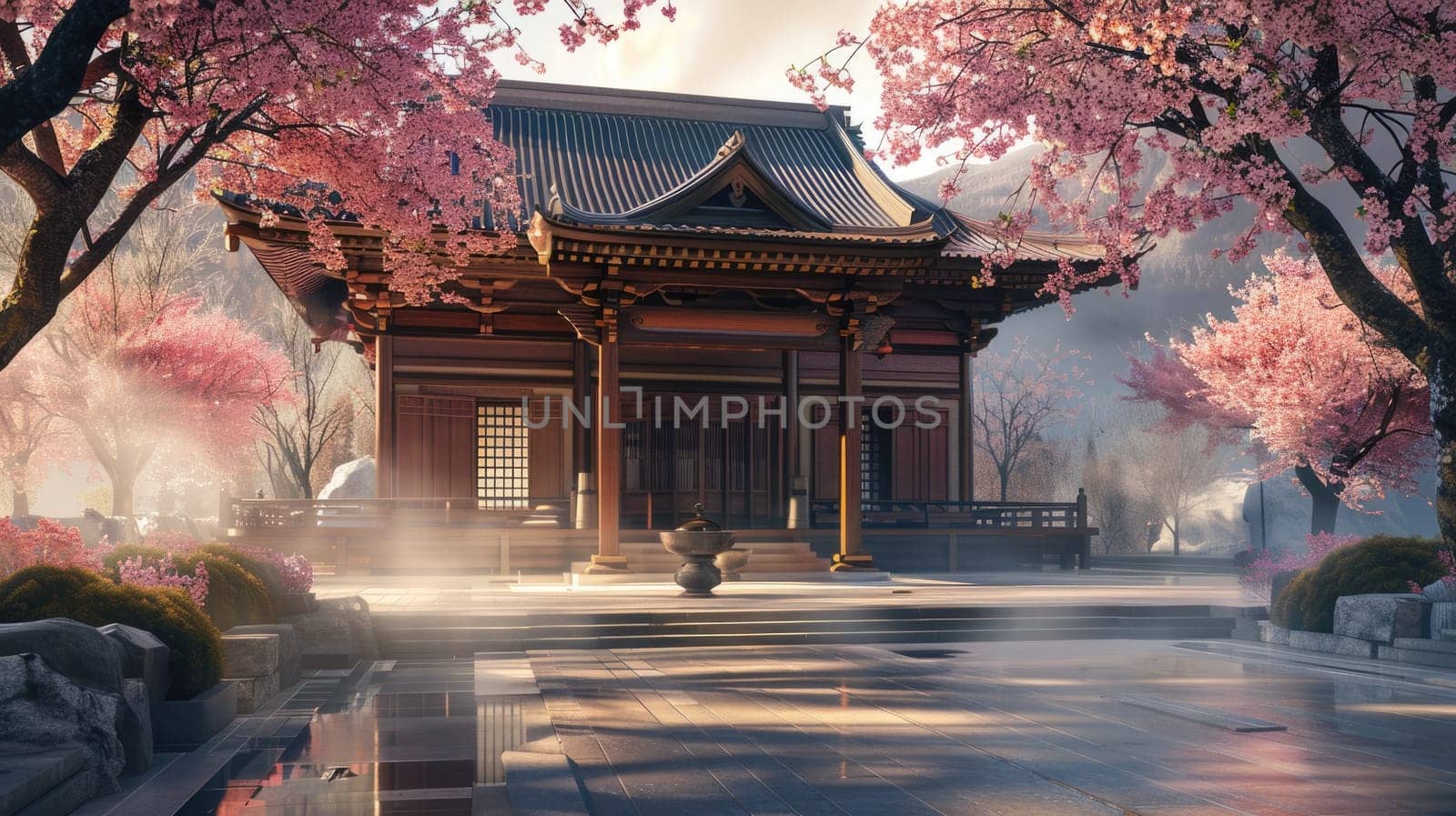 Japanese temple surrounded by cherry blossoms, featuring traditional architecture and tranquil gardens AIG59