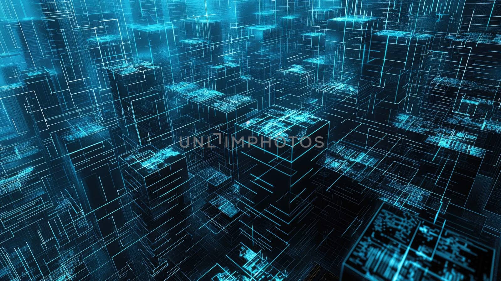 Abstract cityscape made of blue glowing cube and lines. Digital art of tower or skyscraper with blue color. 3D rendering image. Futuristic architecture and technology concept for wallpaper. AIG53F.