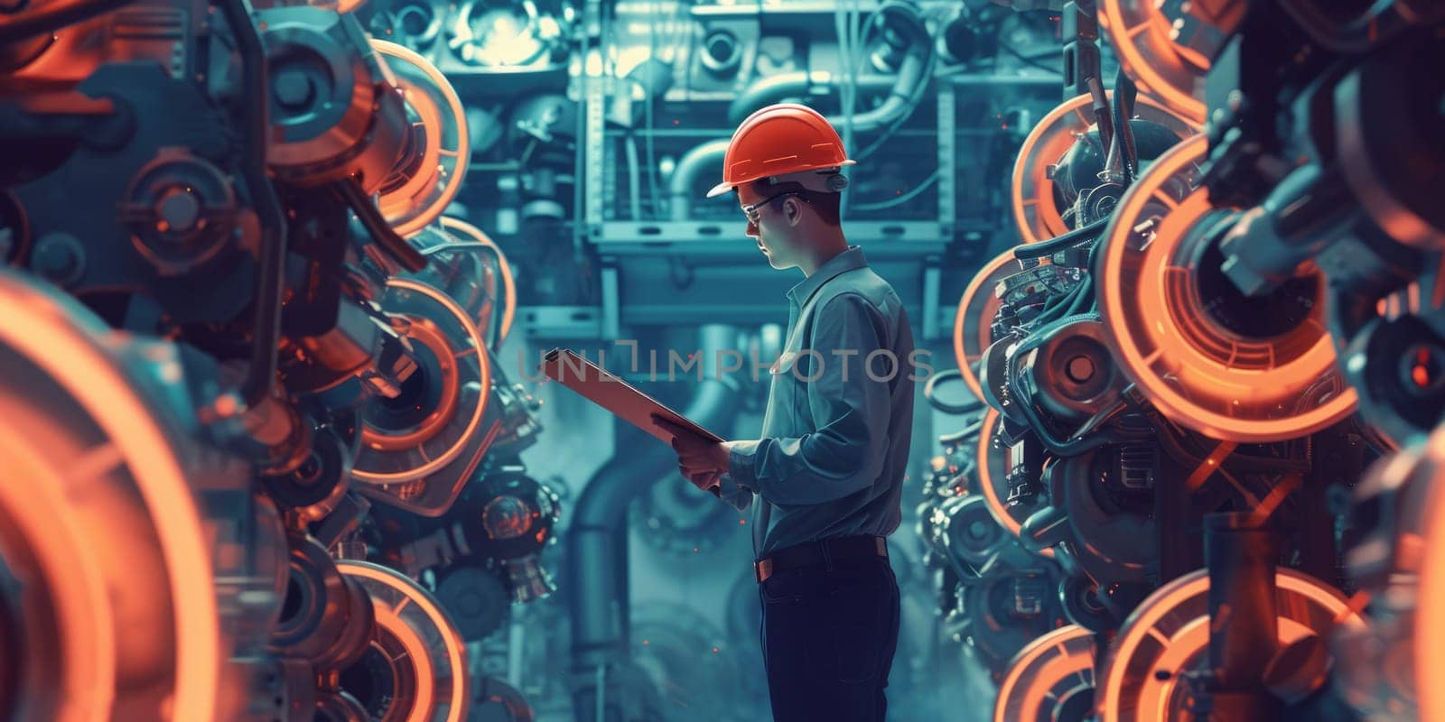 Smart engineer checking iron machine in factory while wearing safety helmet. Professional industrial worker repairing or examining machinery part or turbine machine while holding chart form. AIG42.