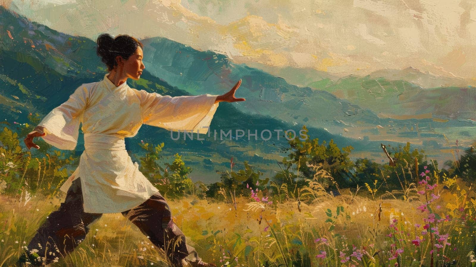 An individual is seen practicing Tai Chi amidst the serene beauty of nature, in a scenic mountain location AIG58