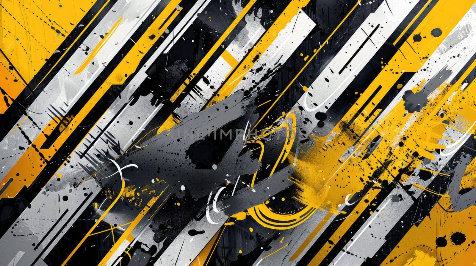 Abstract yellow and black paint splatter on textured background. Digital artwork or abstract image of yellow and black water color brushstroke. Modern art and design concept for wallpaper. AIG53F.