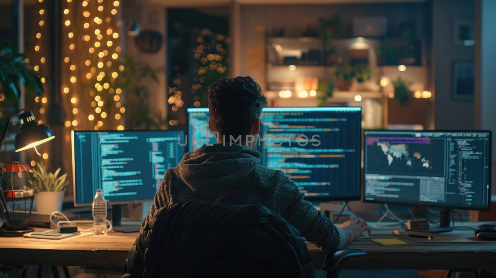 Back view of professional software developer coding program or engineering prompt. Skilled programmer typing computer and laptop while developing system with blurring background. Technology. AIG42.