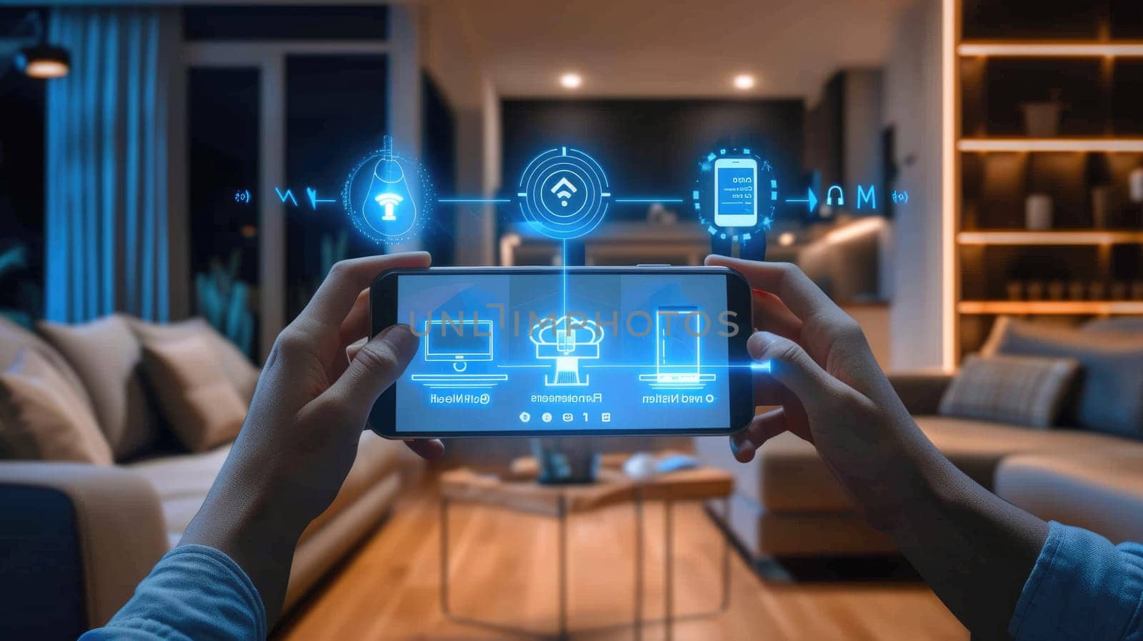 Hands hold a device with a smart home control interface, symbolizing the seamless connection between technology and home automation. AIG41
