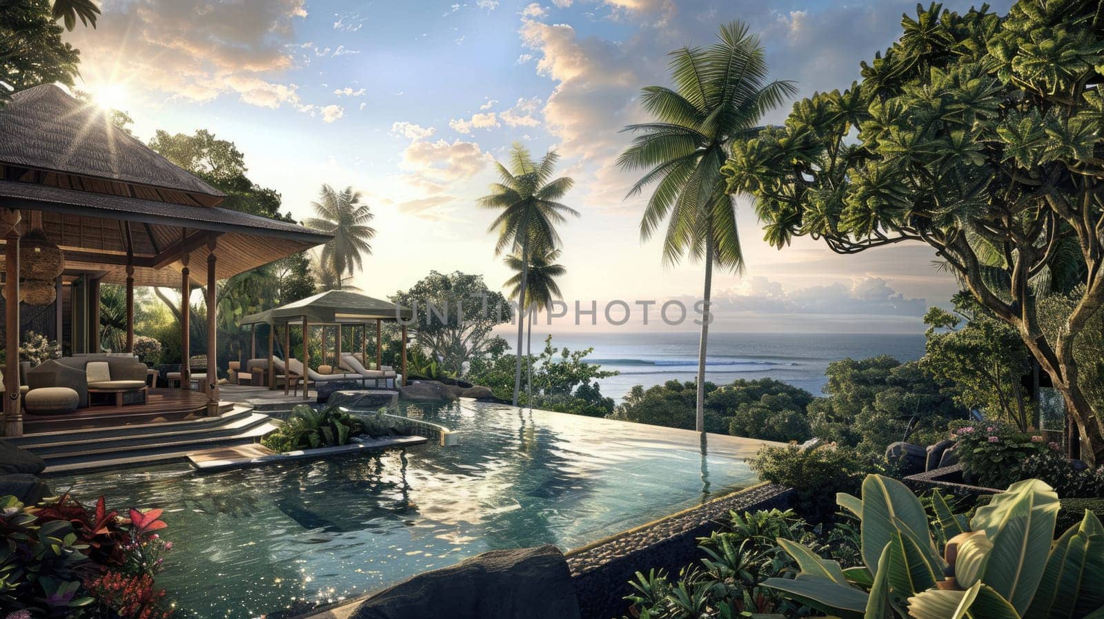 Luxurious infinity pool overlooking a tropical coastline with lush palm trees and serene ocean views. AIG59