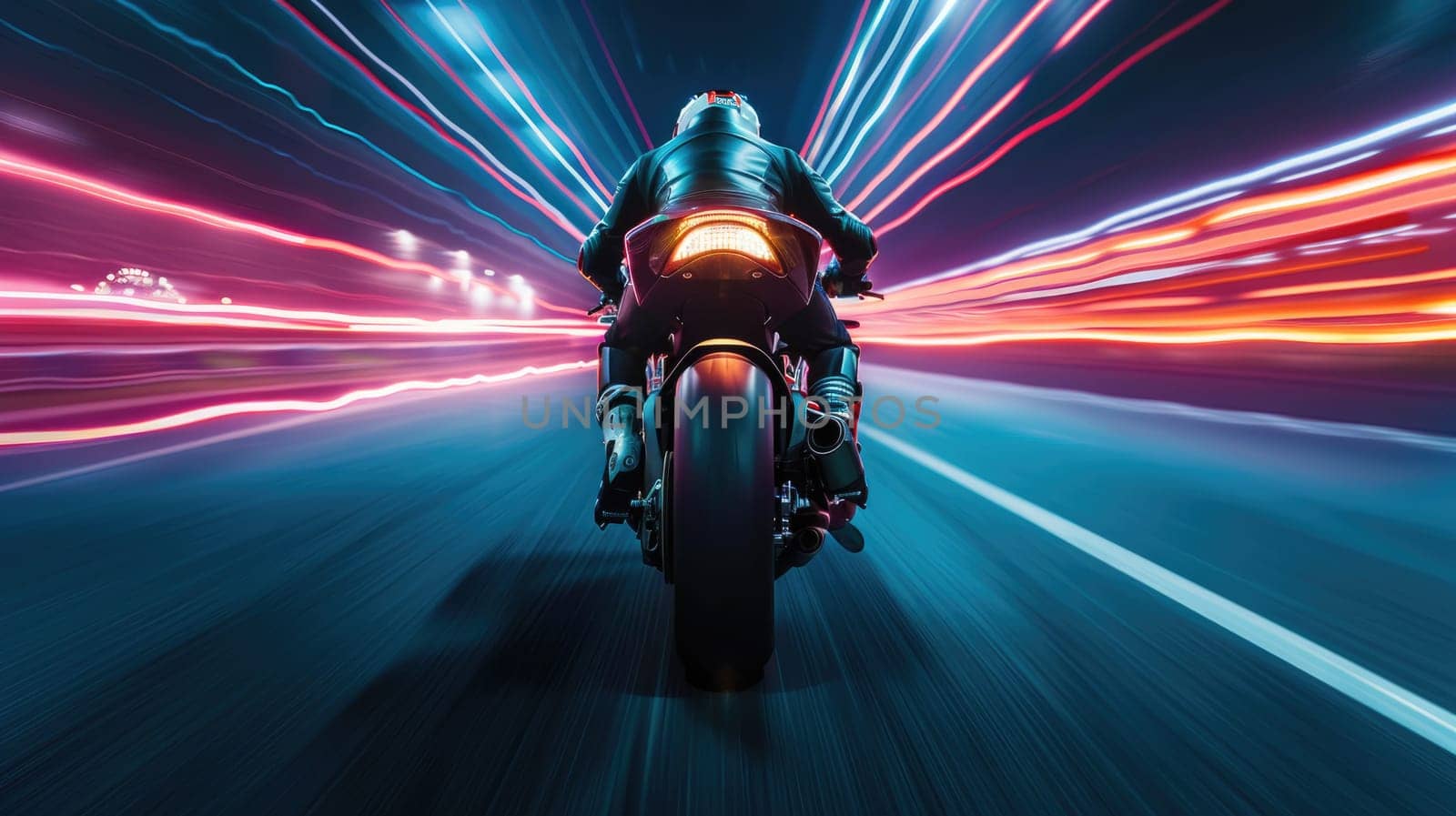 Back view of professional smart motorbike driver wearing helmet while driving in high speed surrounded with neon light at futuristic cityscape and skyscraper at night time. Blurring background. AIG42.