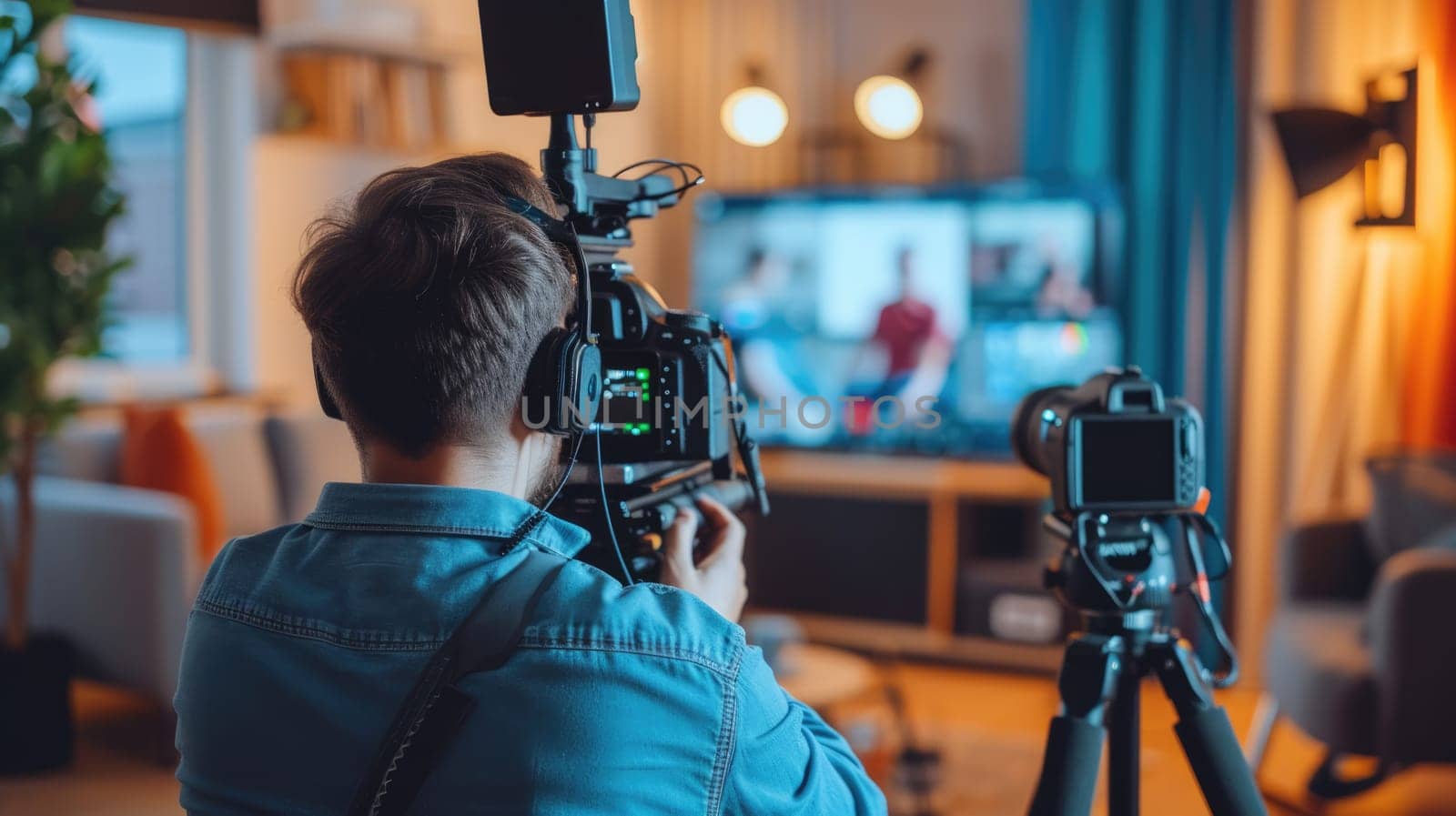 Professional skilled producer or camera man looking at monitor display video recording and taking video at studio. Energetic smart journalist conducting and taking video of interview section. AIG42.