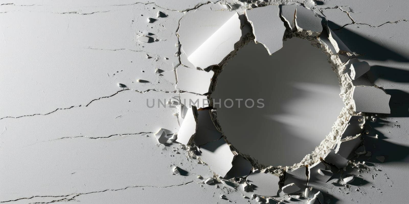 Close up view picture of the hollow white hole on the the wall that show the breaking part of the wall that has been made from strong material yet still can break to look through other side. AIGX03.