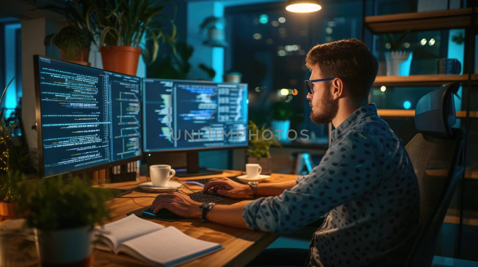 A software developer works on code late into the night, illuminated by the glow of multiple computer screens in a modern office. AIG41