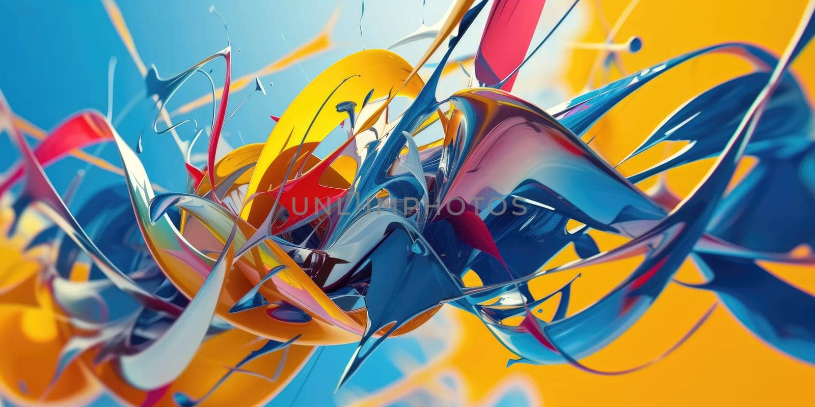 The background is a gradient of dark blue and black with sparkly light-colored dots scattered throughout. Modern art geometry shape or abstract art with colorful vibrant color. Trendy pattern. AIG42.