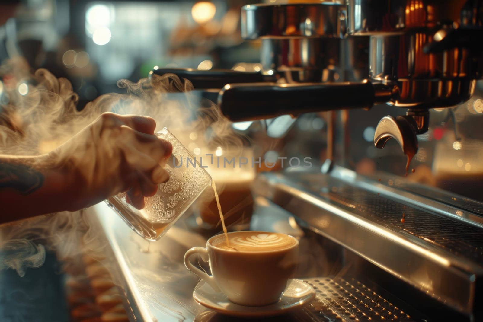 Photography of professional barista making a latte art at cozy coffee shop while pouring milk in coffee cup. Close up of skilled waiter standing behind the counter while preparing hot coffee. AIG42.