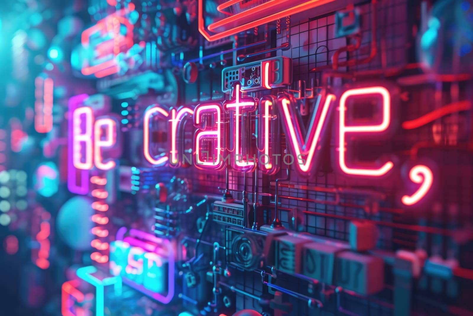 Letter of be creative in variant texture with bright light neon color in futuristic design with 3D design surrounded with high tower or electrical machine and big city at night. Scifi concept. AIG42.
