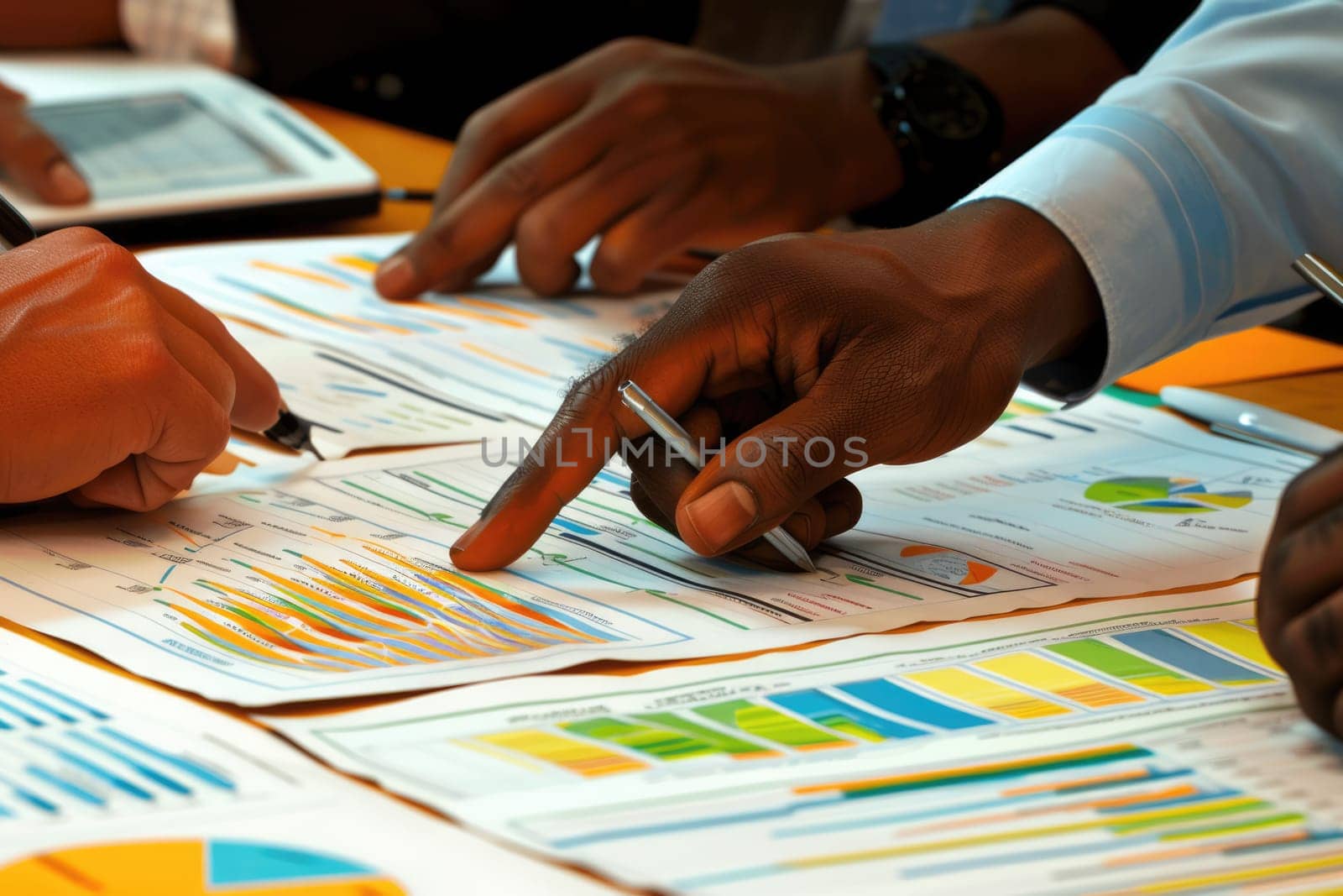 Close up of group of professional business people hands looking at financial plan. Top view of marketing team and project manager discussing and brainstorming idea while planning by paper. AIG42.