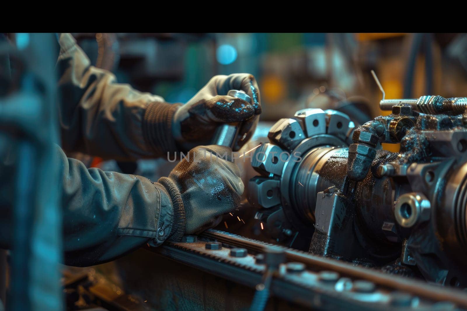 Smart engineer checking iron machine in factory while wearing safety helmet. Professional industrial worker repairing or examining machinery part or turbine machine while holding chart form. AIG42.