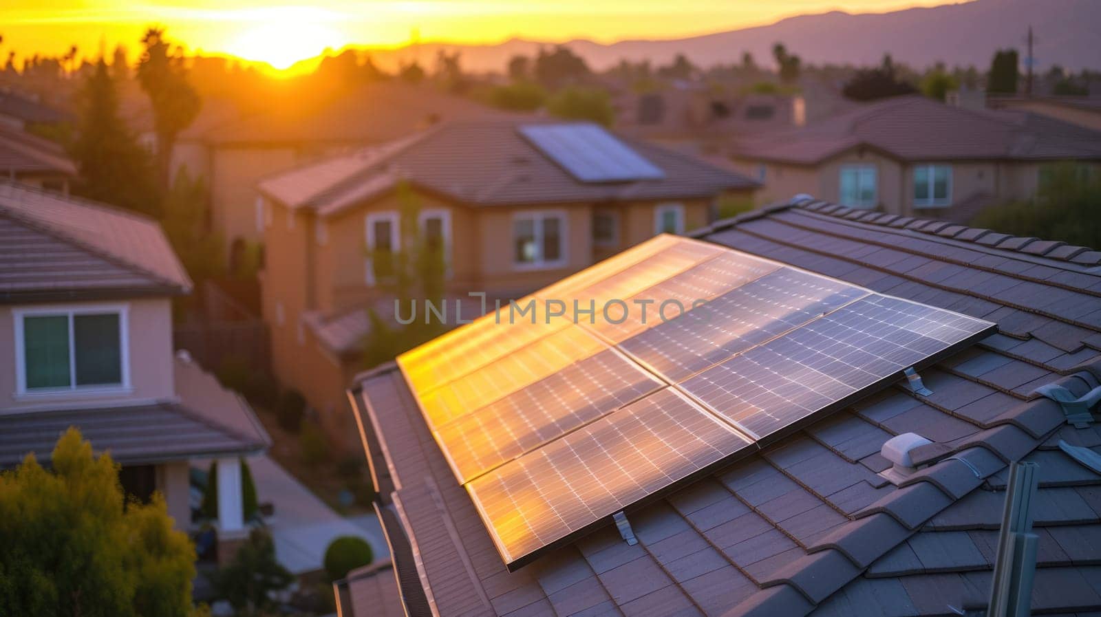 The sun sets behind a residential area equipped with solar panels, highlighting sustainable energy solutions in a suburban setting. AIG41