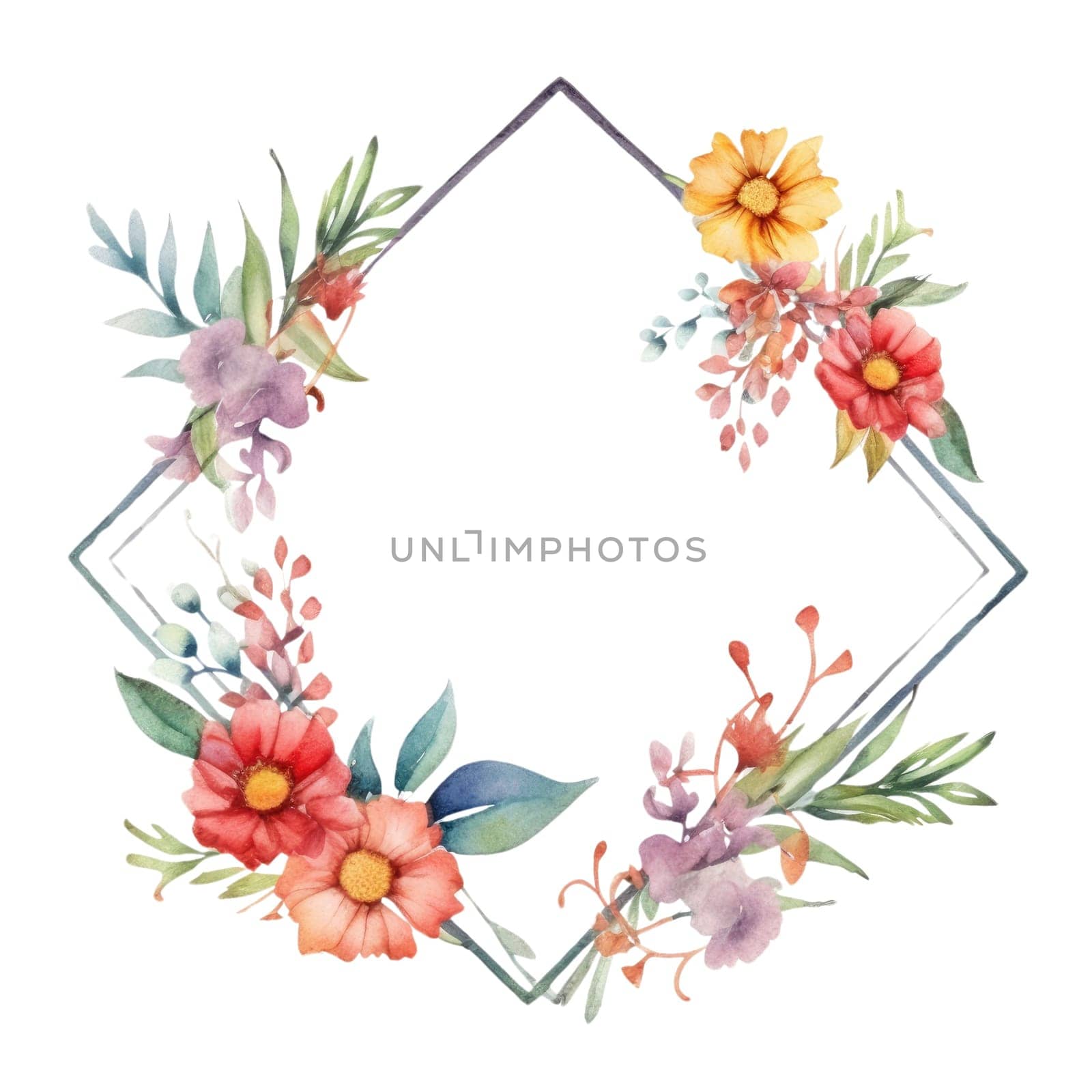 Fragrant and colorful flower frame arrange in geometric shape put wreath on white background emphasize the beautiful color of blossom, vivid and charming perfect for relaxed poster. AIG35.