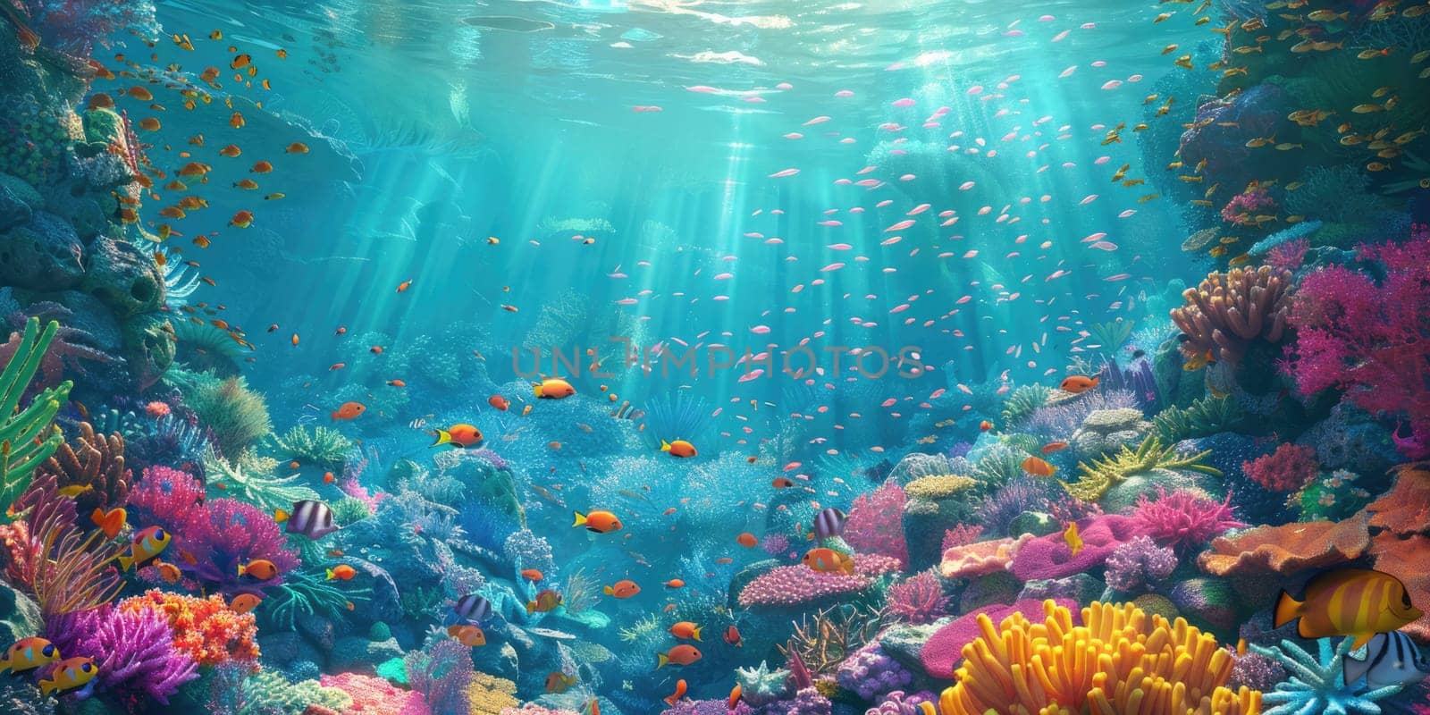 A stunning coral reef underwater, a vibrant ecosystem full of marine life, illuminated by sunlight filters AIG59