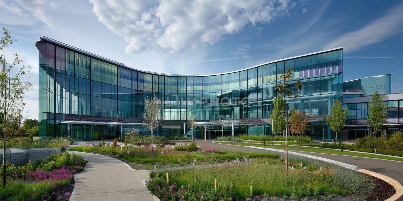 A modern glass building with vibrant landscaping represents contemporary urban design in the sunlight AIG59