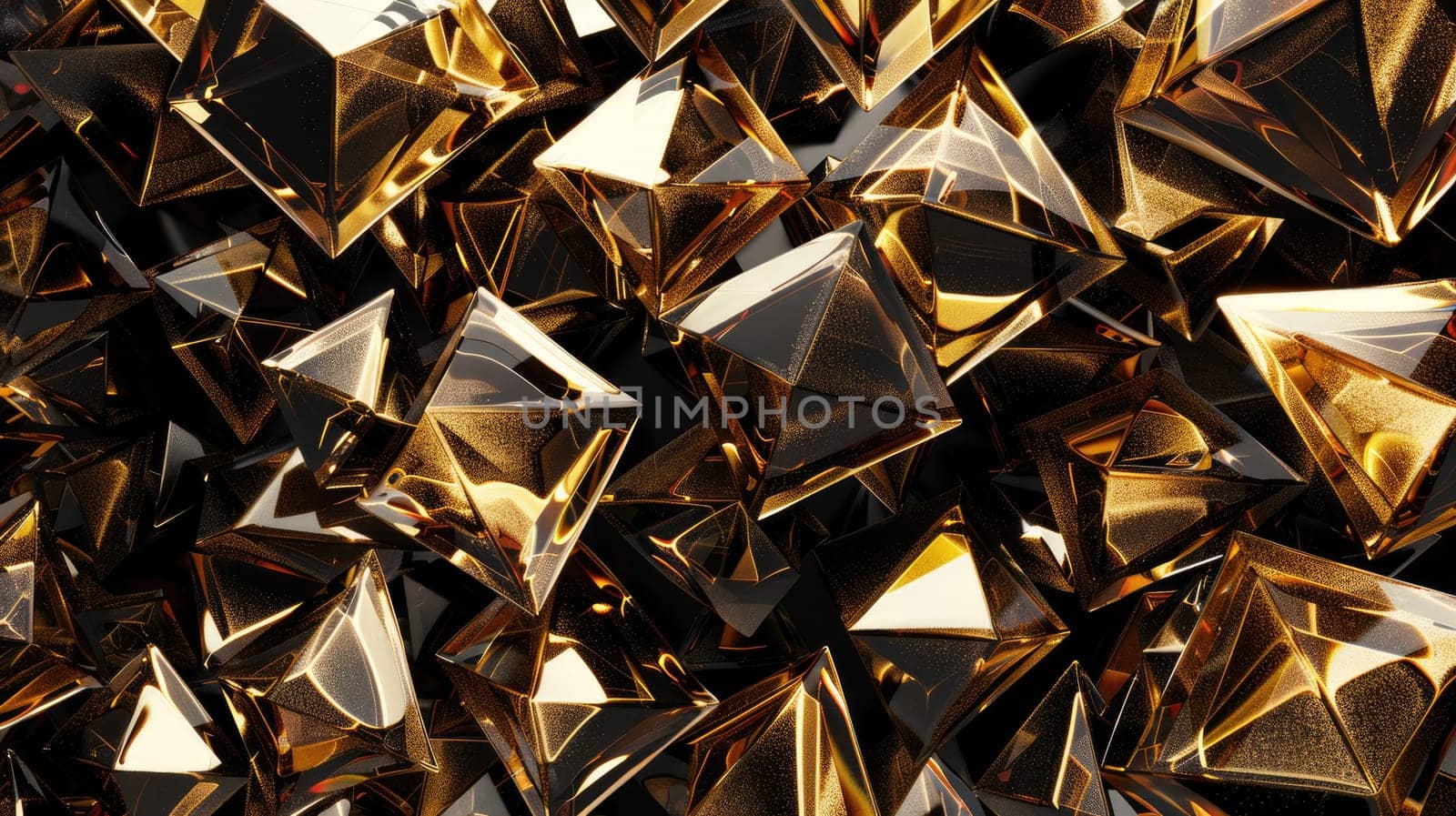 Abstract composition of gold and black cubes randomly stacked. Digital art of cube with gold and black color made from metal scatter around a dark background. Futuristic and geometric concept. AIG53F.