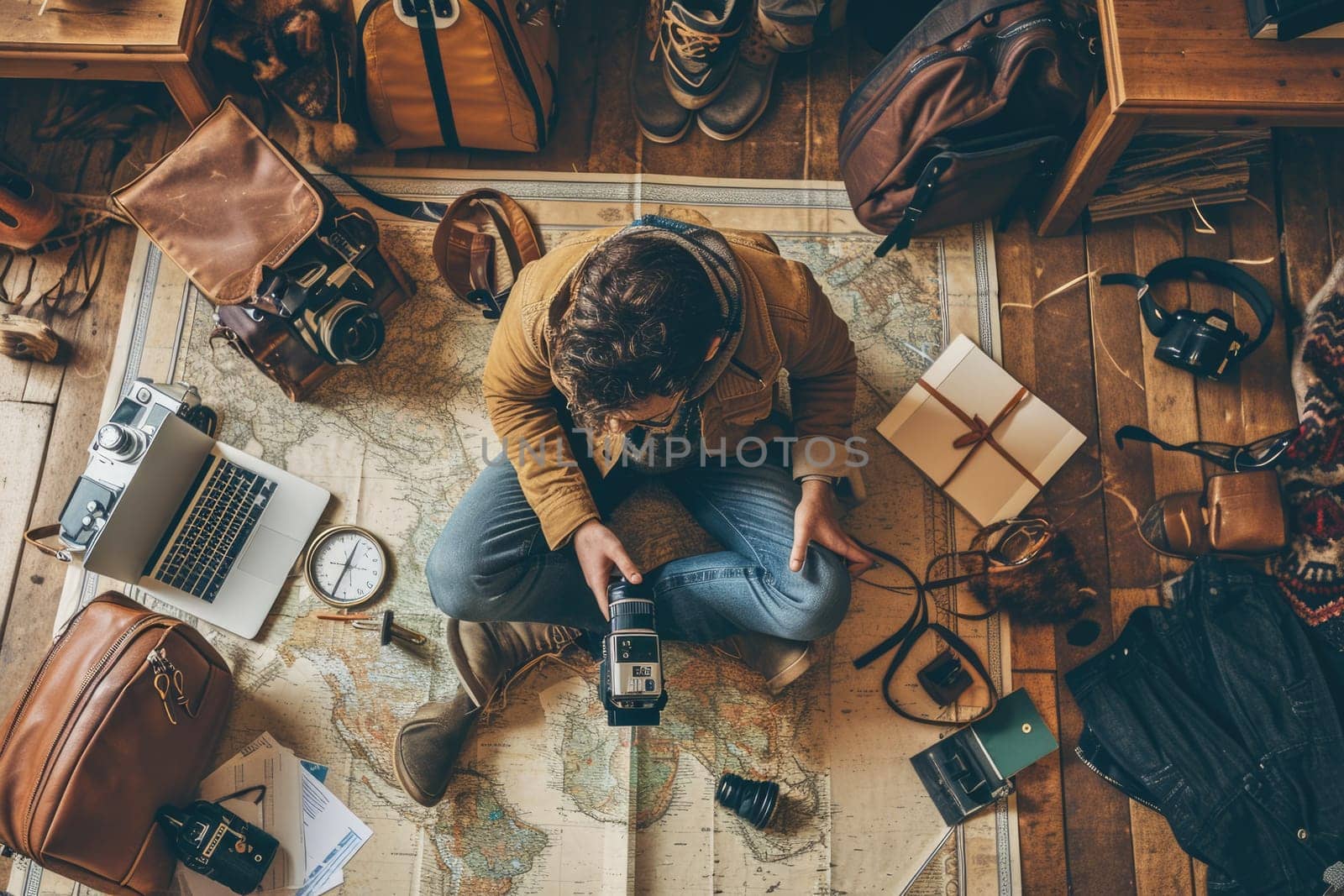 The picture of the young or adult caucasian male human focus and looking at the map of the world in the small room that has been filled with various object under the bright sun in the daytime. AIGX03.