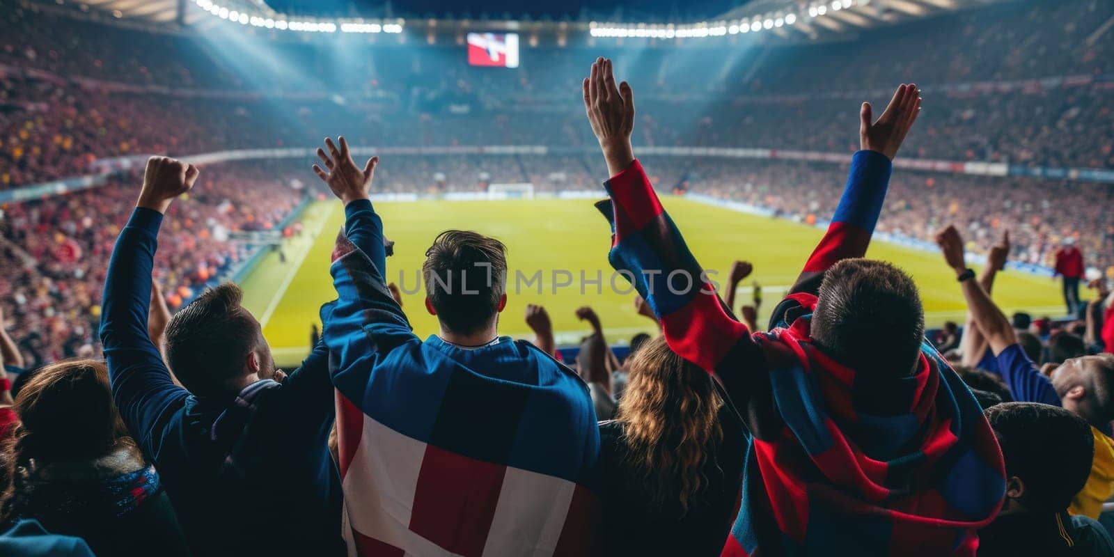A crowd of fans at a competition event in a stadium, with arms in the air, sharing the fun and entertainment of watching a soccer game. AIG41