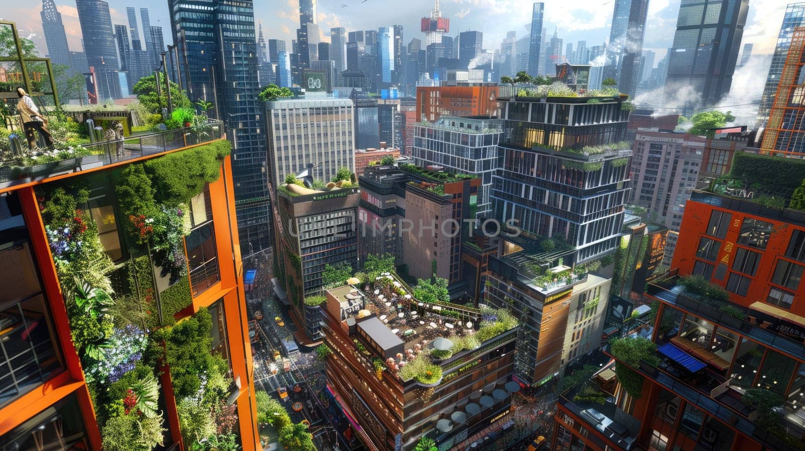 A highangle depiction of a citys skyline, showcasing numerous buildings adorned with vibrant rooftop gardens AIG59