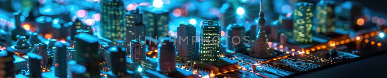 A conceptual visualization of a smart city with glowing structures on a digital circuit board, symbolizing urban technology integration concept. AIG41