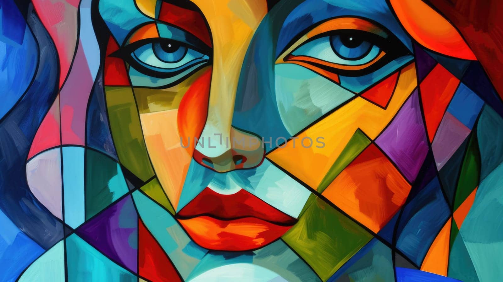 Abstract image of female human face looking at camera in cubism style. Portrait artistic image of beautiful cute woman with red lip with colorful color. Digital artwork concept. Focus on face. AIG42.