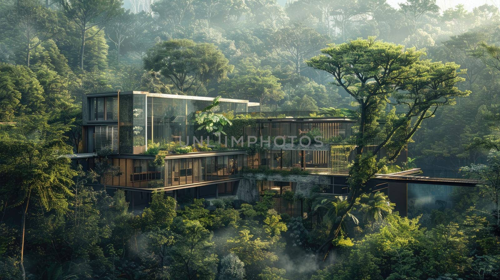 Luxurious retreat in misty green jungle, featuring a modern glass house blending seamlessly with the exotic environment AIG59