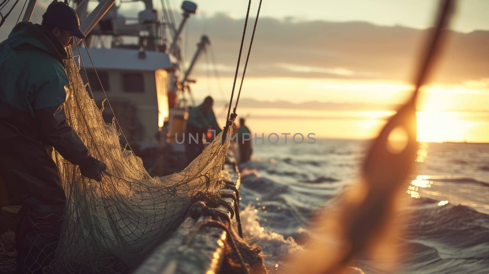 A group of fishermen enjoying the sunset while standing on a boat in the middle of the ocean, surrounded by water and the vast sky above. AIG41