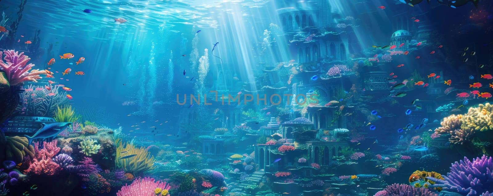 An enchanting underwater scene showcasing city ruins, thriving marine life, and shimmering sunlight. AIG59