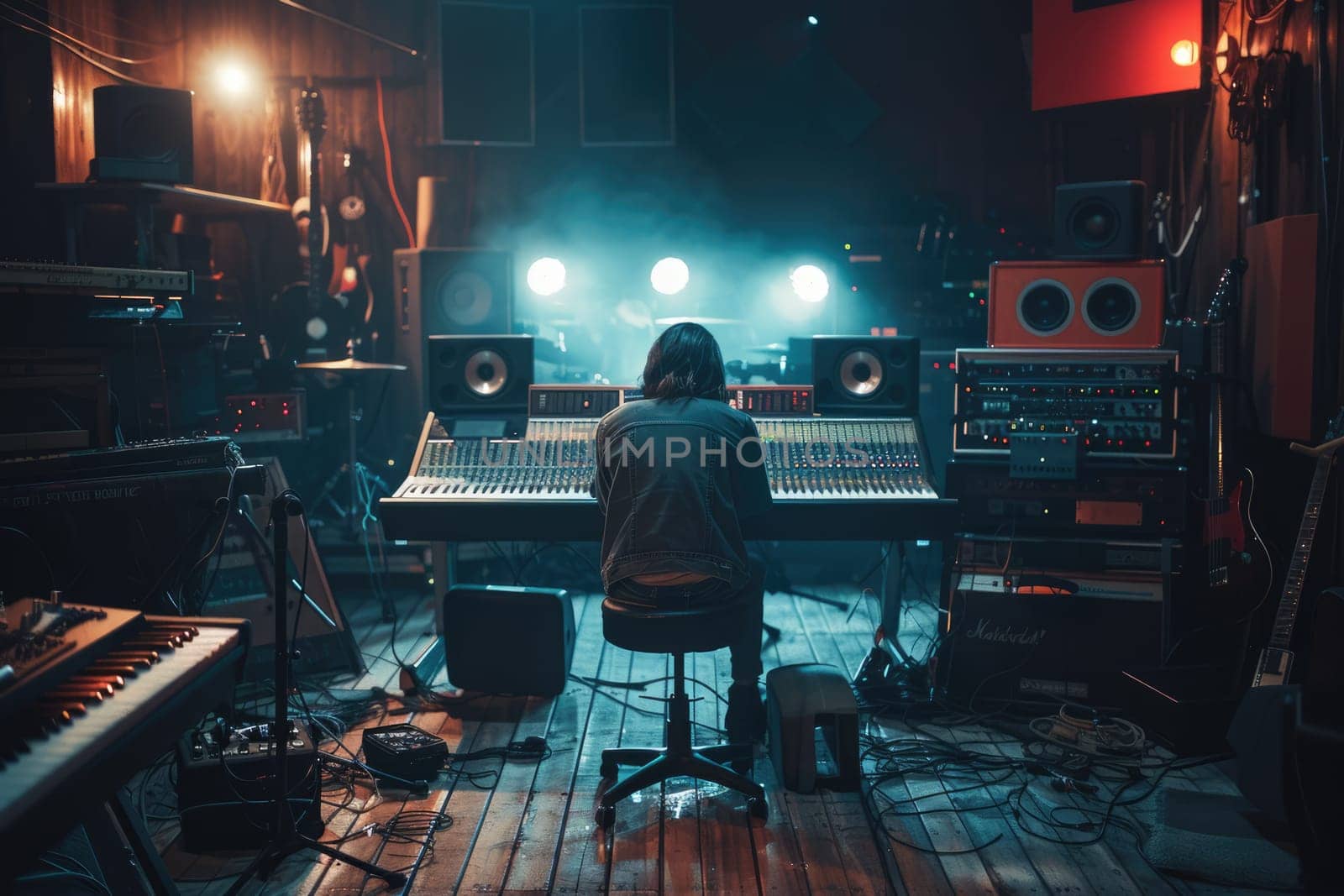 Professional happy musician recording music while thinking about rhyme at modern music studio. Attractive music producer or sound engineer focus on listening demo song while mastering track. AIG42.