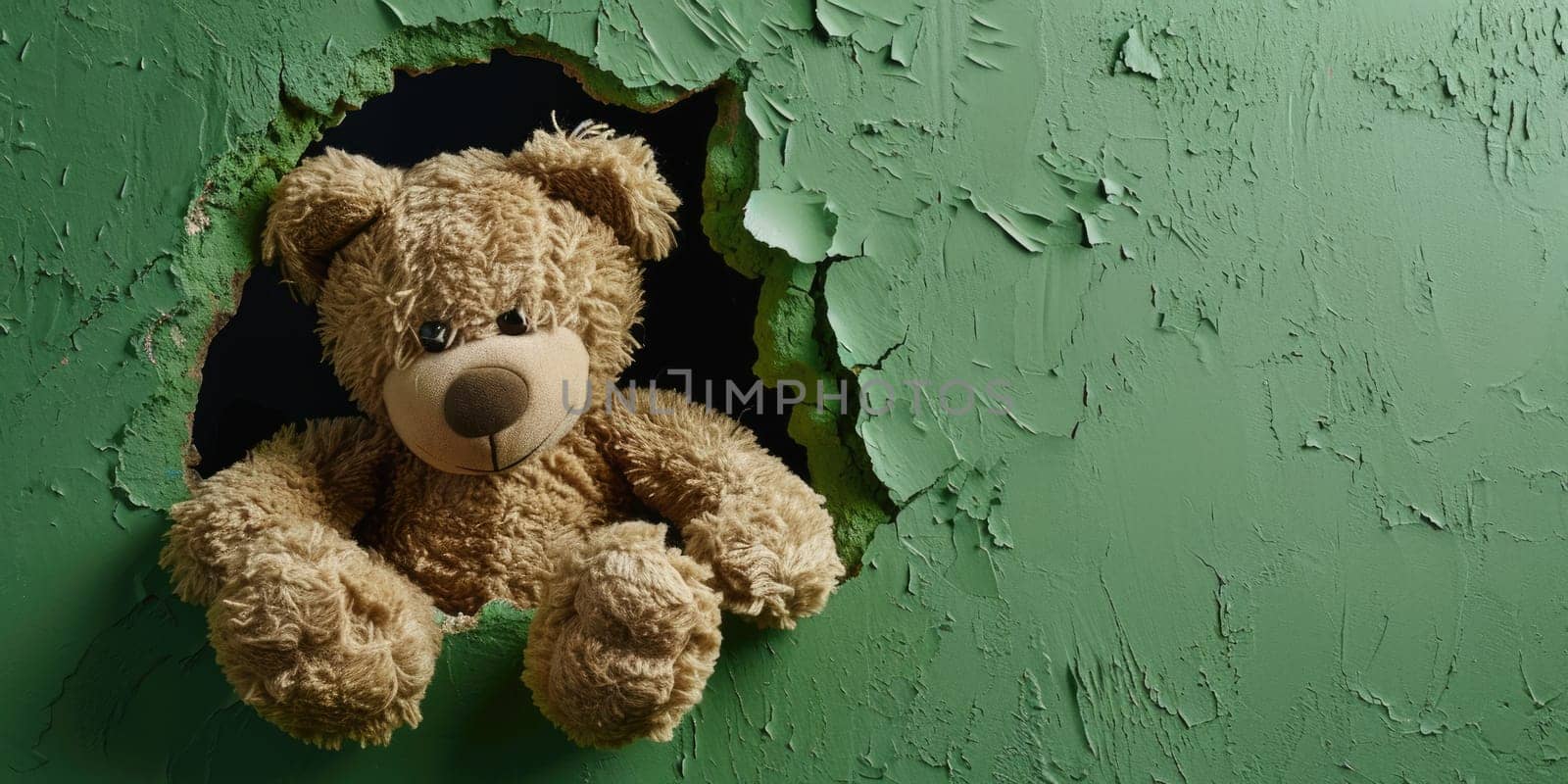 Close up view picture of the hollow green hole on the the wall that show the teddy stay inside the wall that has been made from some material yet still can be break to look through other side. AIGX03.