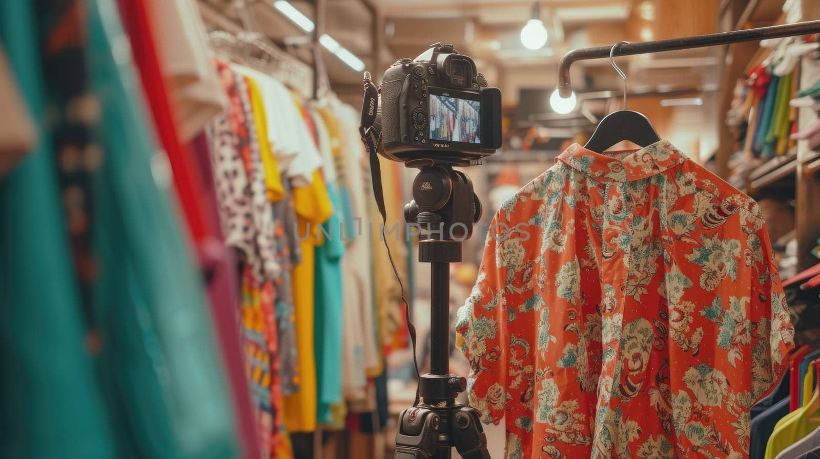 A customer is viewing outerwear in a retail clothing store in the city, exploring different options for her wardrobe. AIG41