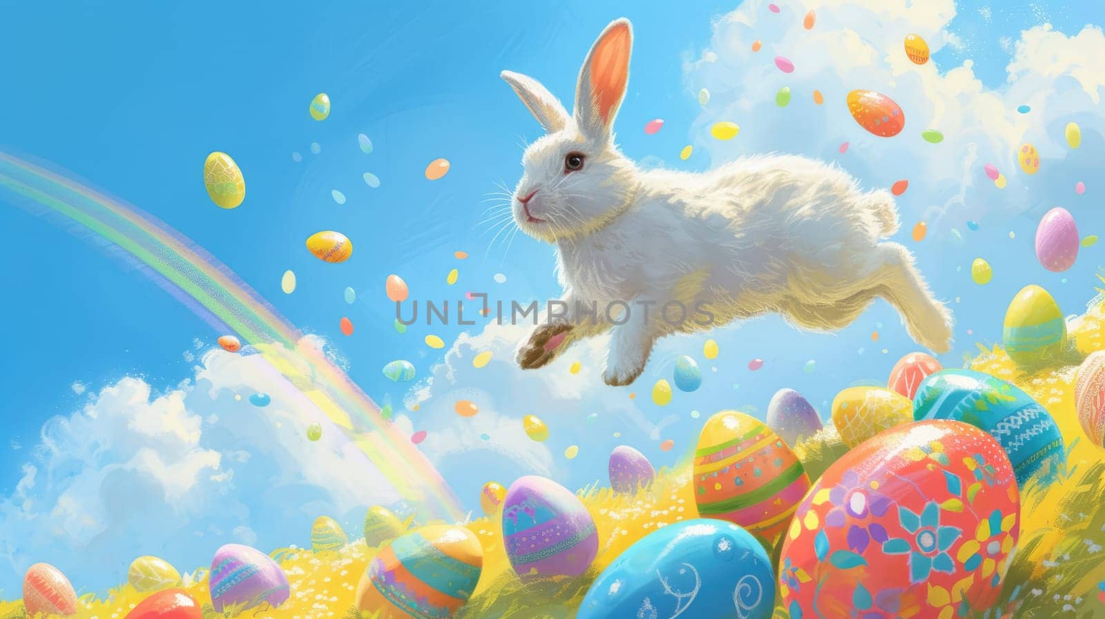 Cute happy big bunny with fluffy brown fur jumping over piles of colorful easter eggs. Playful rabbit with long ears hopping and surrounded with easter egg at garden with blue sky and rainbow. AIG42.