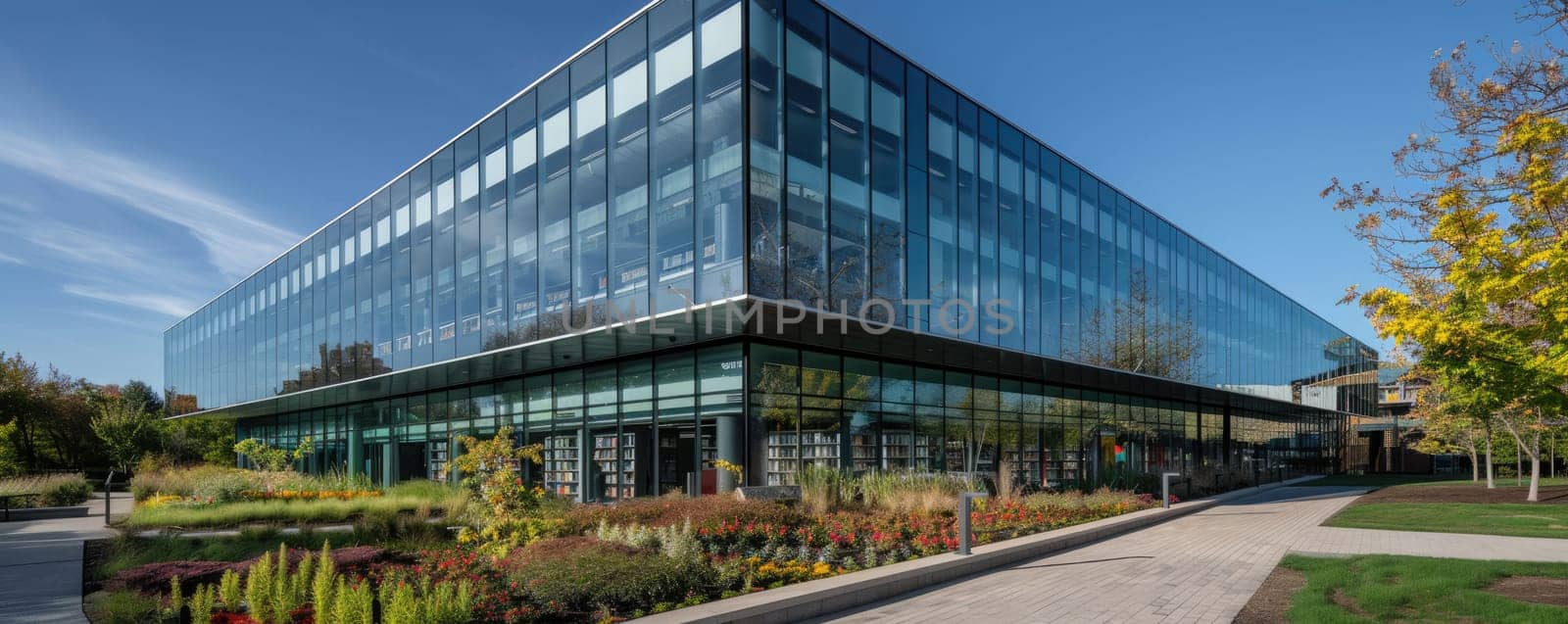 Modern office building with glass windows, lush green garden, and clear sky reflecting in the mirrors. AIG59