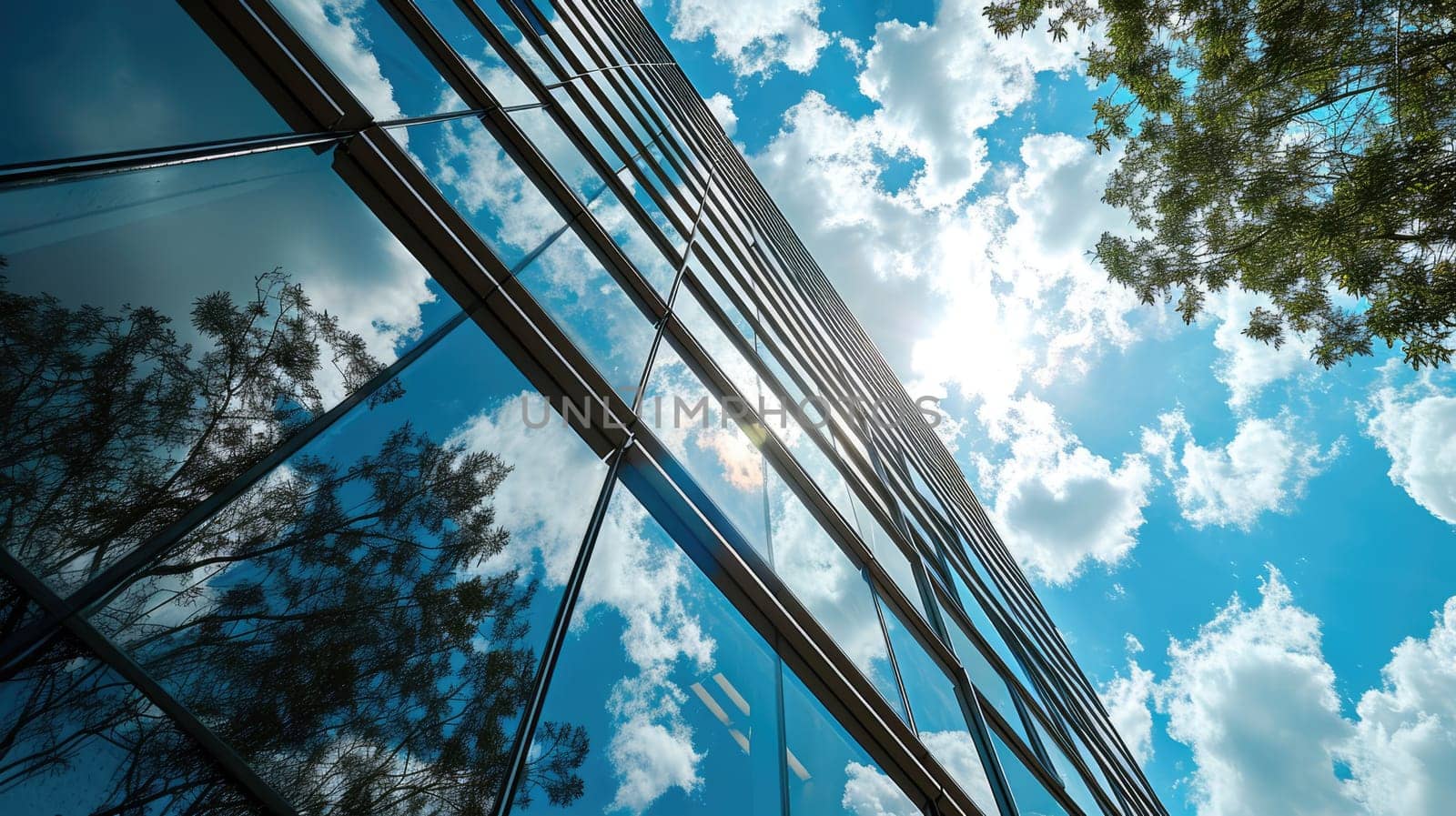 A big tall structure with an uncountable amount of the mirror or glass that reflect the of light by the bright sun and show what is on the other side of them that the picture of it so clear. AIGX03.