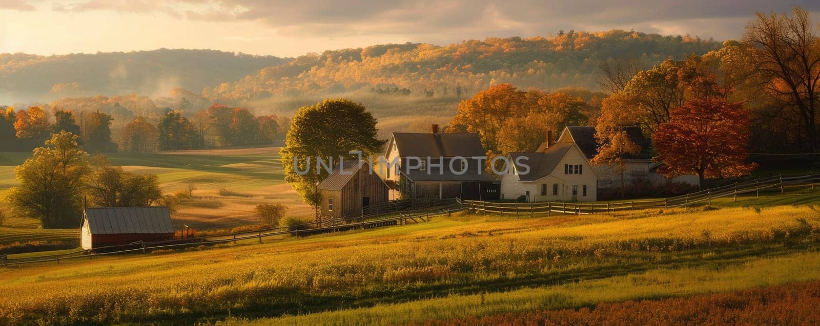 An enchanting rural farmhouse surrounded by lush green landscapes, trees, and peaceful atmosphere in an aerial view AIG59