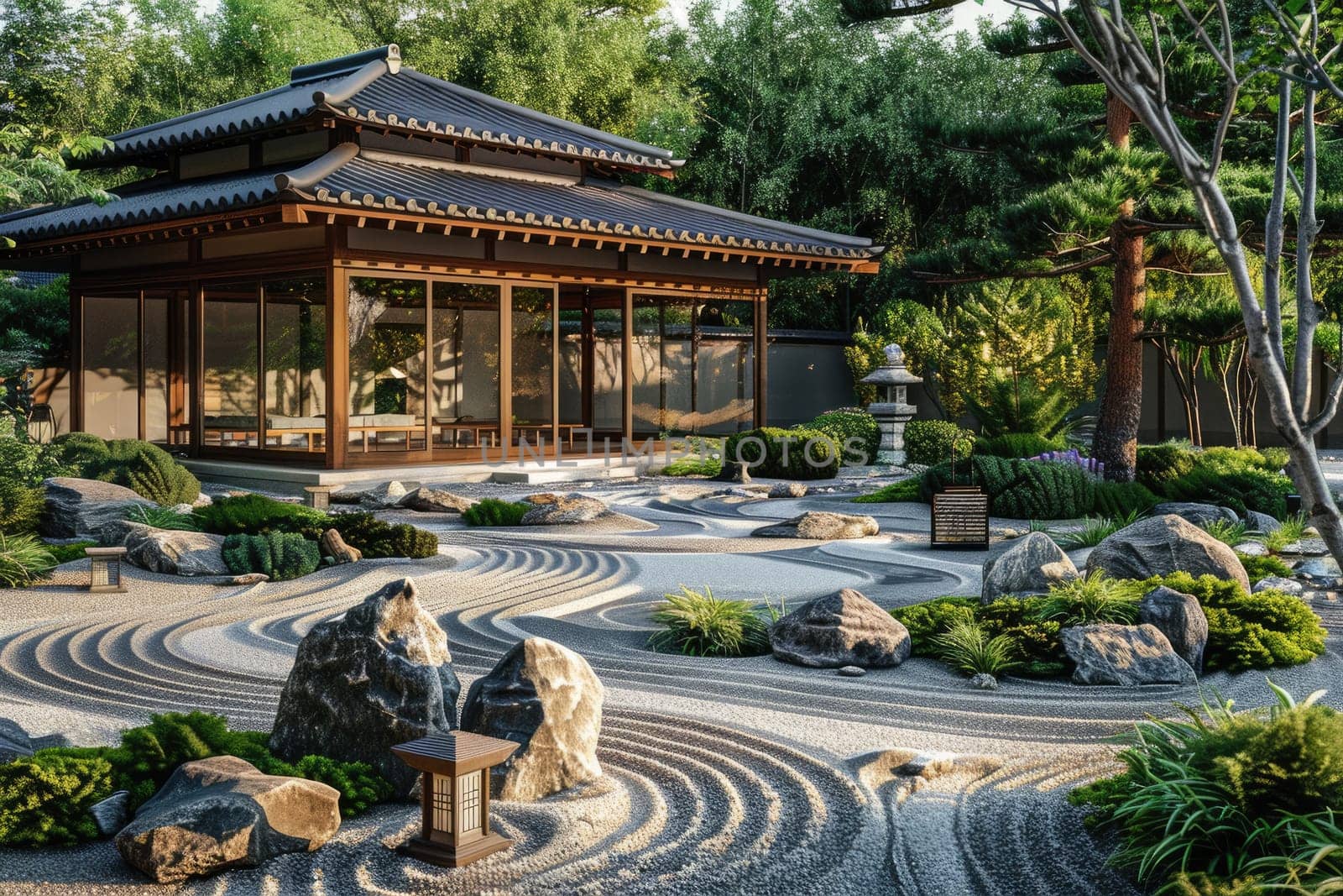 A serene Japanese Zen garden featuring meticulous sand patterns, stones, trees, and traditional architecture. AIG59