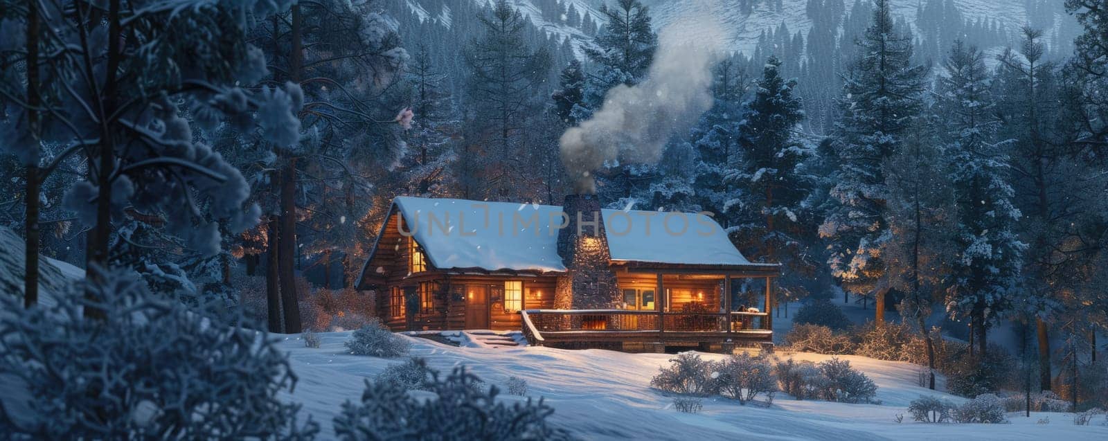 A cozy mountain cabin hides in a snowy forest with a grand mountain in the background, creating a picturesque scenery AIG59