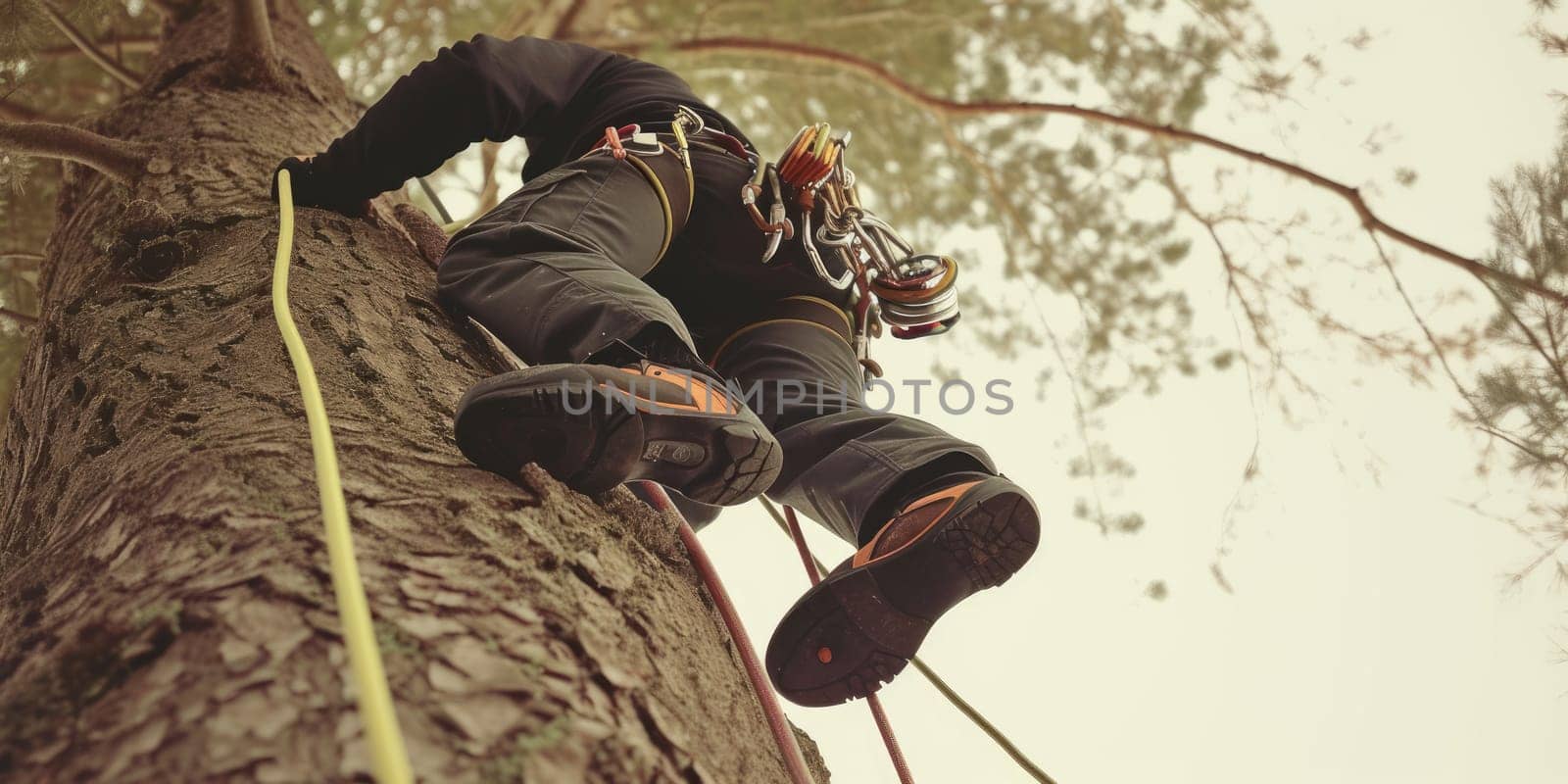 Low angle camera of professional engineer climbing a large tree wearing safety gear and safety helmet. Skilled arborist working and measuring tree while holding the safety rope. Environmental. AIG42.