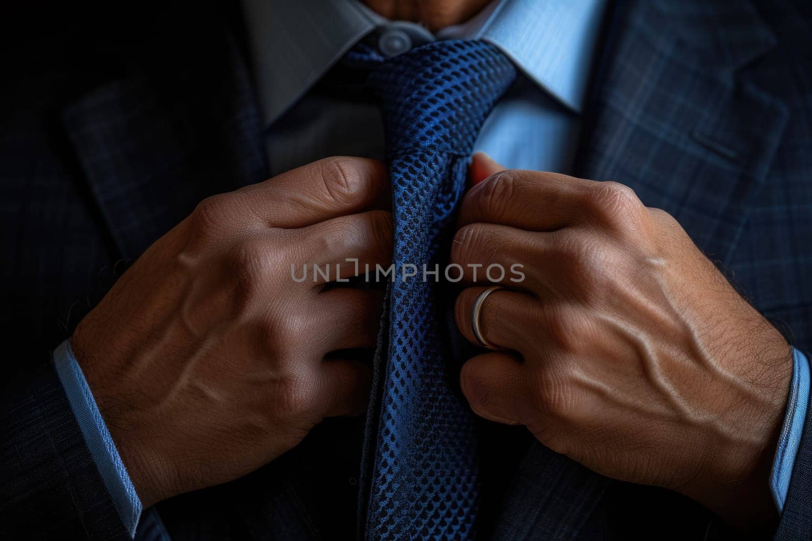Close up of business man hand adjust his necktie at modern suit. Professional project manager wearing formal or getting dressed while preparation cloth for getting interview. Focus on hands. AIG42.