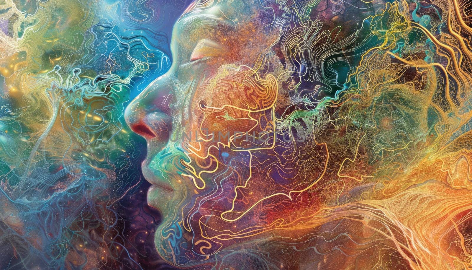 Abstract representation of human and AI minds merging; vibrant neural networks interweave with digital data streams, creating a colorful tapestry of shared consciousness and understanding. AIG60