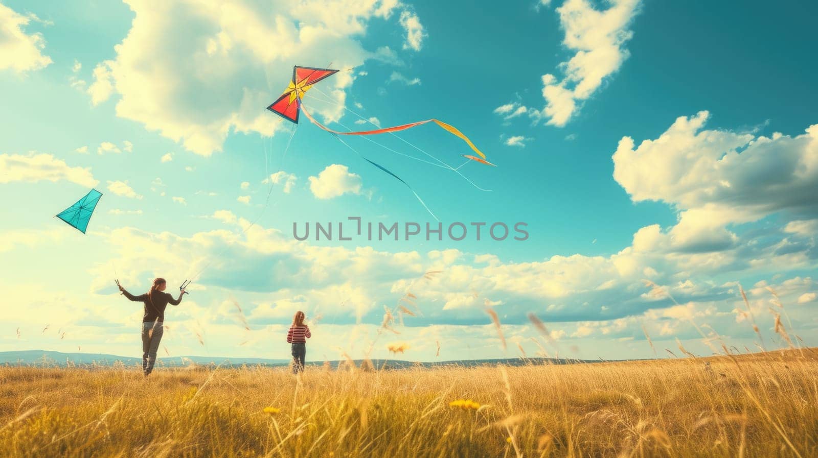 A group of people are flying kites in a grassy field under the azure sky with fluffy cumulus clouds floating in the atmosphere. AIG41