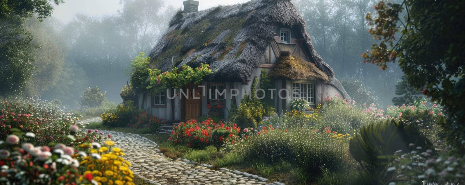 Charming rustic cottage with thatched roof, vibrant flowers, and serene garden under foggy morning light. AIG59