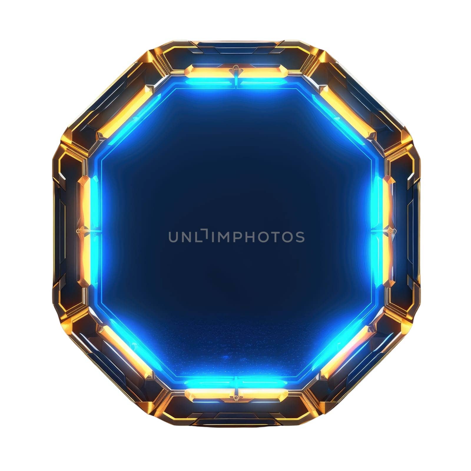 Abstract frame of mysterious geometric shape portal with digital style neon light reflecting set against dark tone background, create futuristic visual ideal for design science fiction cover. AIG35.