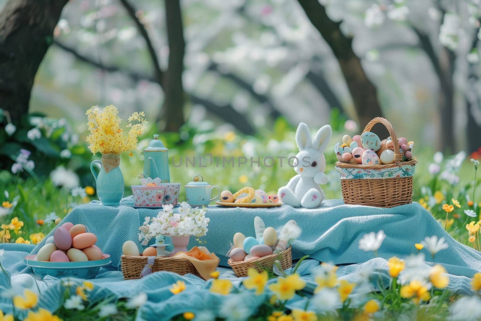 Family picnic set with dessert and hot tea placed surrounded with cheery blossom blooming at garden in spring season. Food and sweet on picnic blanket and prepare for spending time together. AIG42.