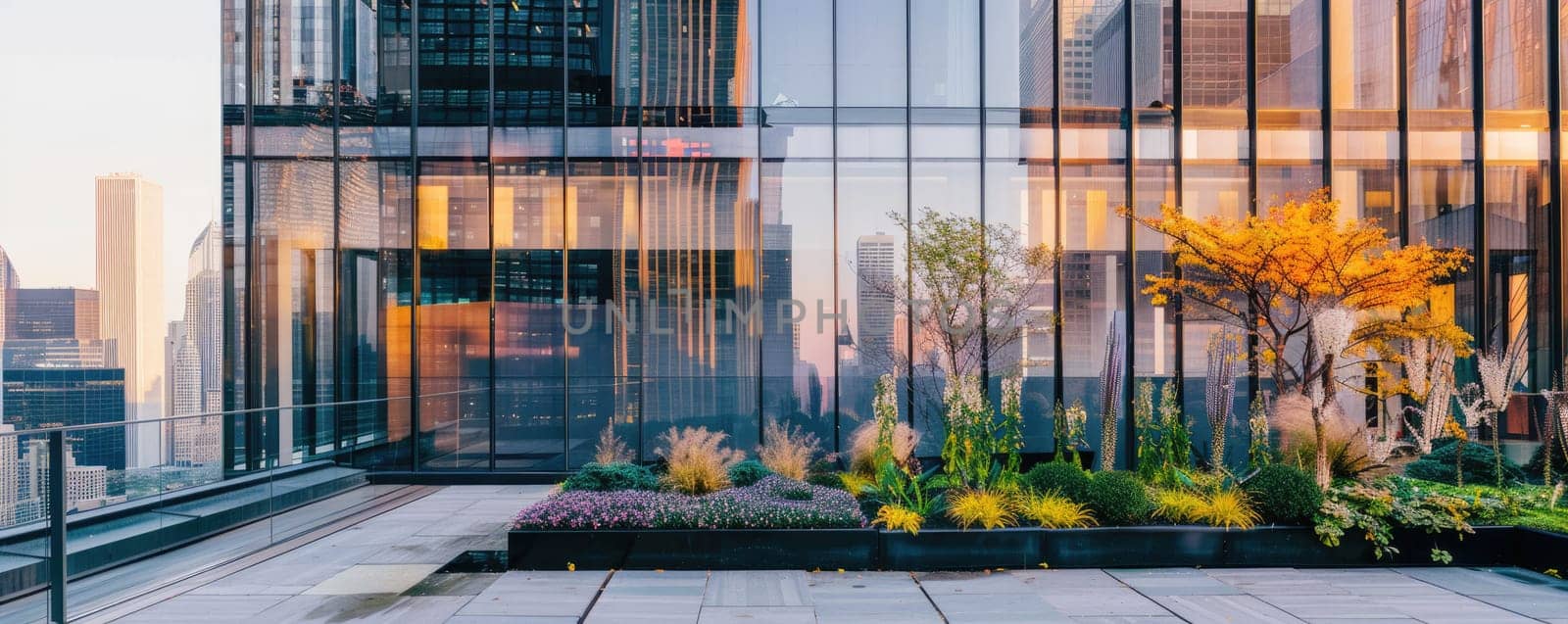 A contemporary rooftop garden overlooking the urban skyline on a bright, sunny day, featuring greenery and seating. AIG59