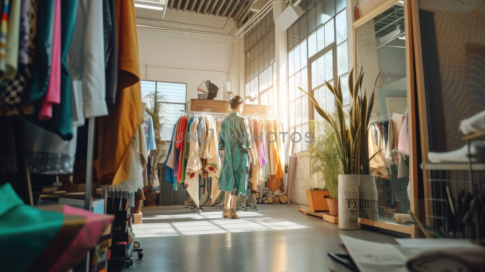 A woman stands in an art-filled room surrounded by clothes, creating a visually striking scene. AIG41