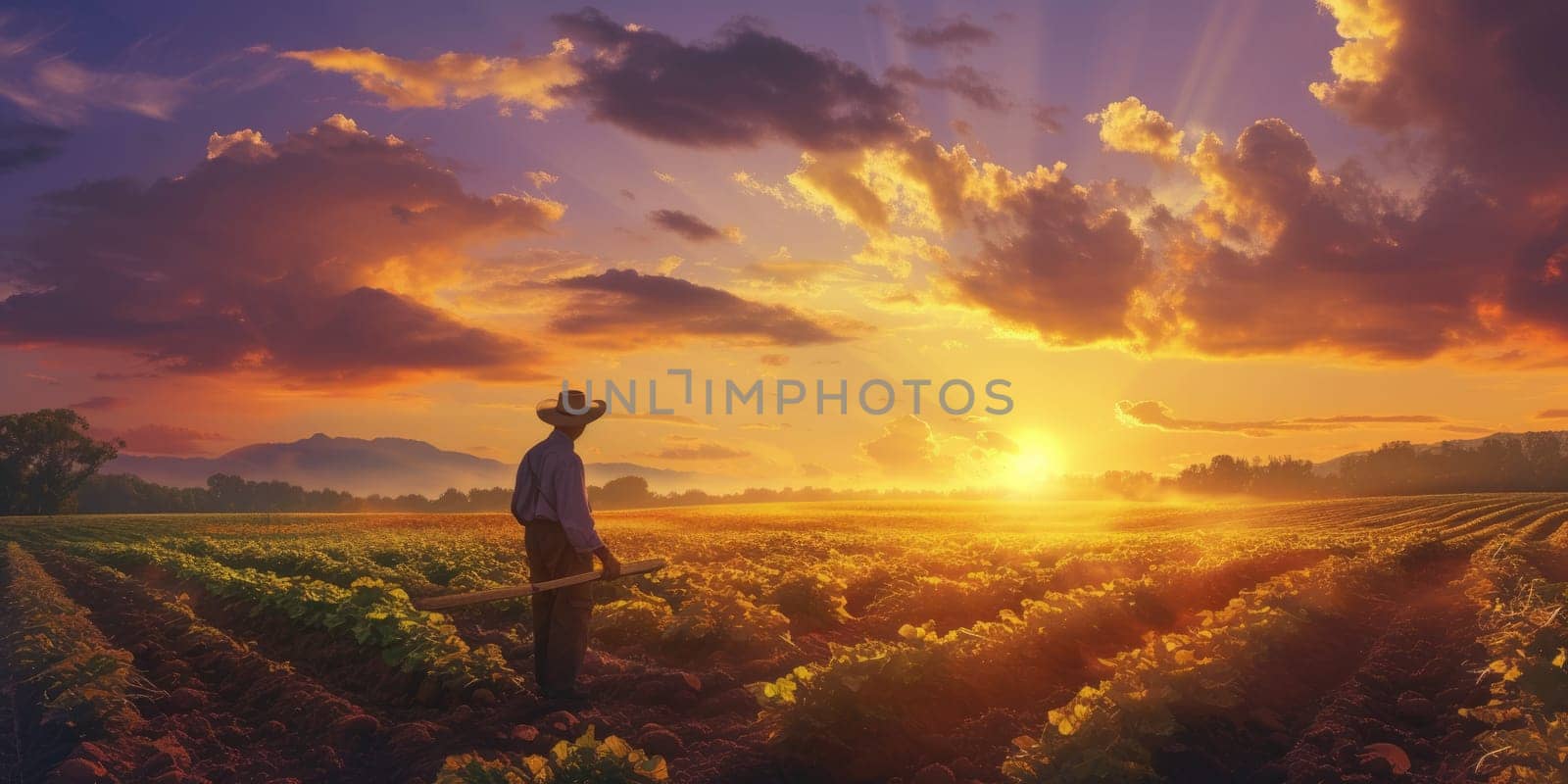 Professional farmer working while planting and checking crop at farm. Skilled agricultural worker walking at sunset or dawn while harvesting the crop and taking care crop at vegetable plot. AIG42.