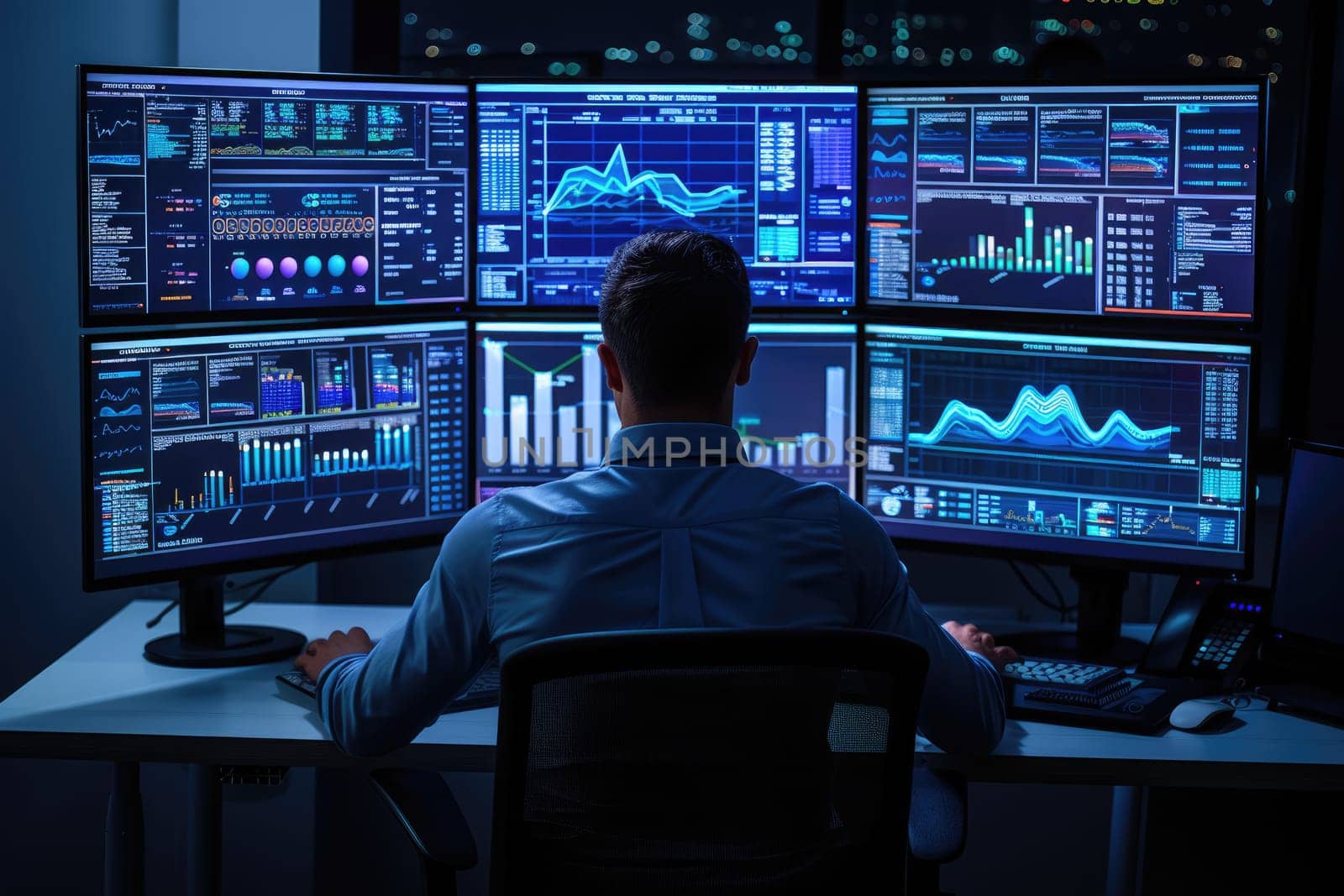 Worker looking at customer behavior chart while analyzing at computer and planning marketing strategy. Professional business man working while using financial graph and think about campaign. AIG42.